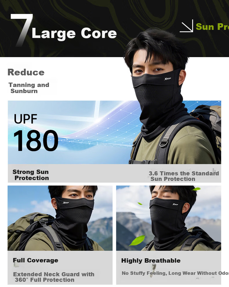 XTEP Sun Protection Face Mask Ear-Hook Cycling Neck Gaiter for Men, Full Face Windproof Dustproof UV Protection Mountaineering Gear 6