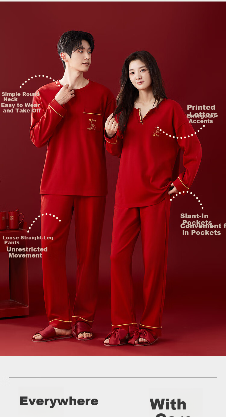Langsha [10A Antibacterial] Women's Pajamas Autumn Cotton Homewear for Newlyweds Couple Angora Red 5