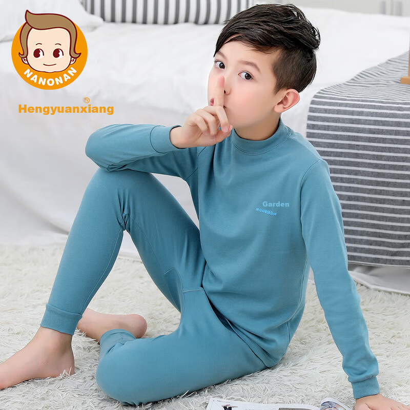 Hengyuanxiang Children's Cotton Underwear Set Boys Youth Autumn Clothes Long Johns Mid-Neck Dark Blue Size 160