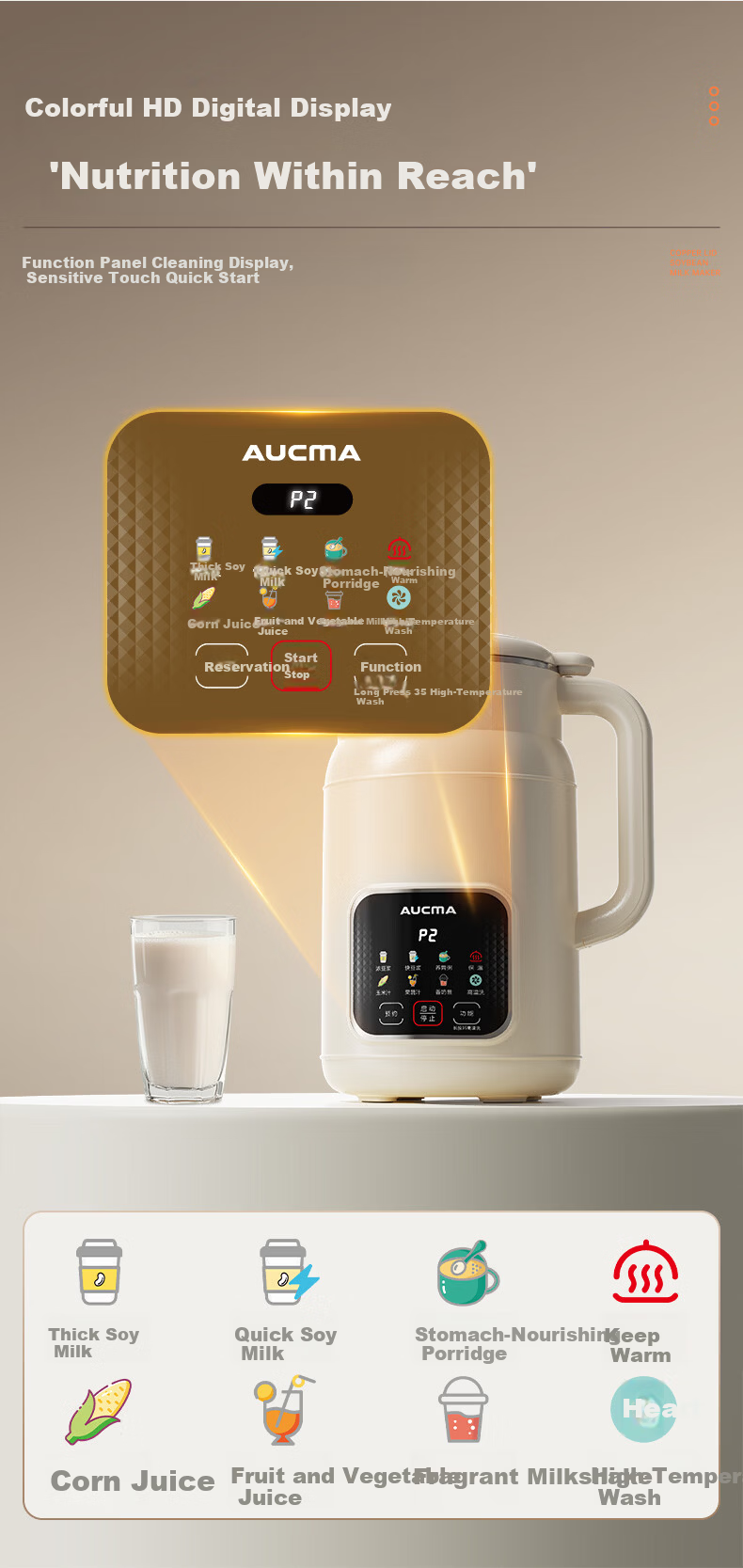 AUCMA Steel Lid Soy Milk Maker Small 1-3 Person Multigrain Blender Hands-Free Baby Food Processor 1L Fully Automatic No-Cook Silent Filter-Free Rice Cereal Machine M55 9