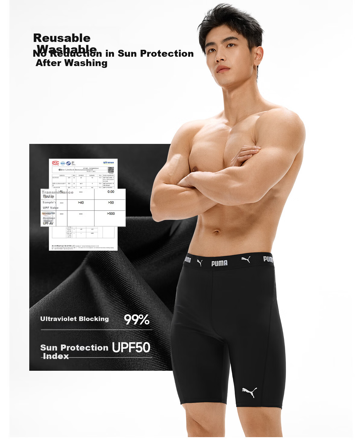 PUMA Men's Chlorine-Resistant Anti-Embarrassment Five-Point Swim Trunks Professional Racing Training Swimwear for Adults Spa and Swimming Pool 16