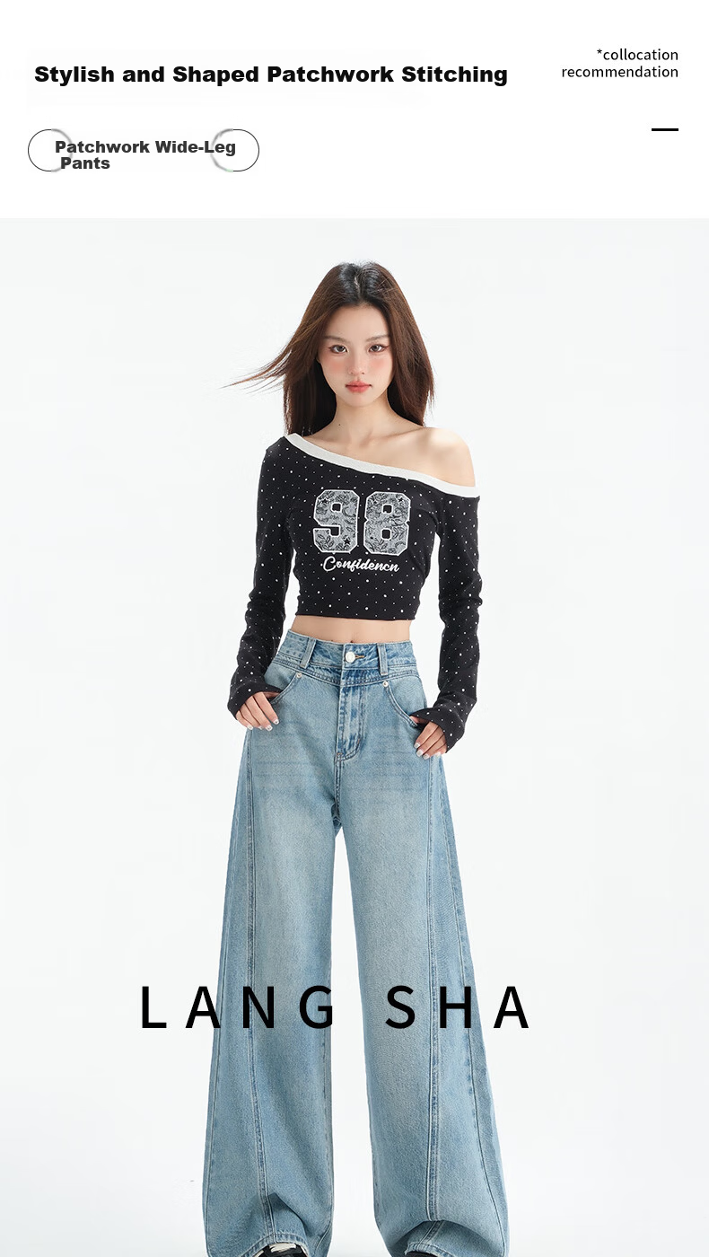 LangSha Vintage Wide-Leg Jeans for Women, Spring Style, Light Blue Patchwork Design, High-Waisted Straight-Leg Draping Floor-Length Pants 1