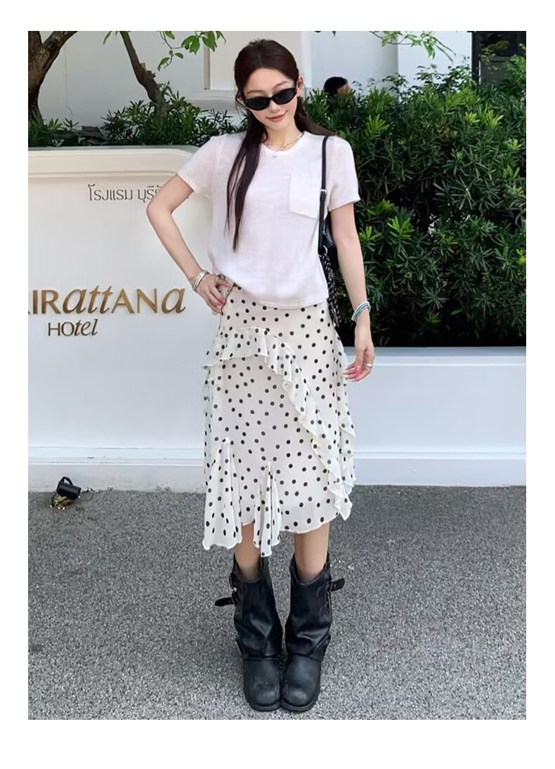 Langsha Polka Dot Women's Skirt 2026 New Ruffle Hem High Waist Slim A-Line White Irregular Skirt 18