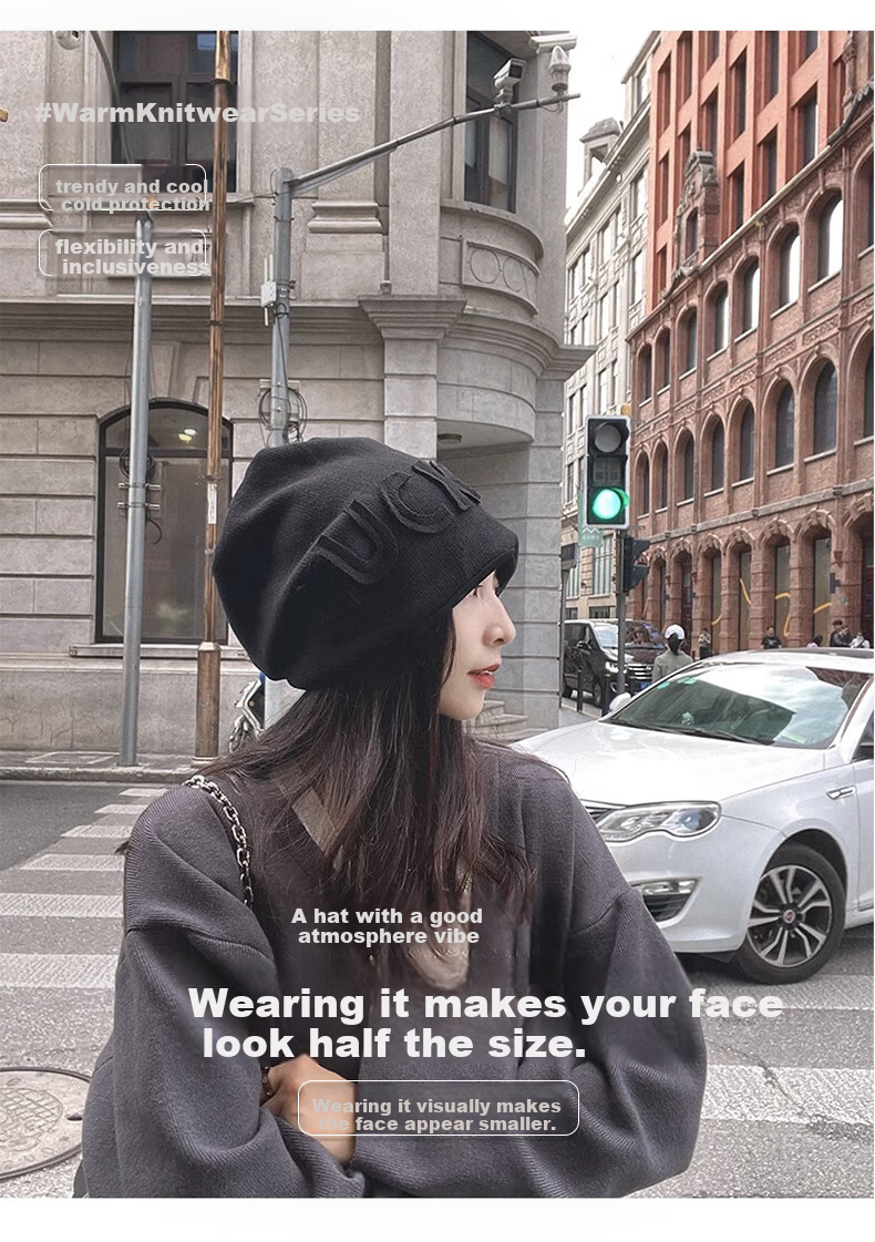 Xueqiman Women's Autumn Winter Japanese Style Thickened Warm Knitted Letter Beanie Fleece Lined Headwrap Hat 1