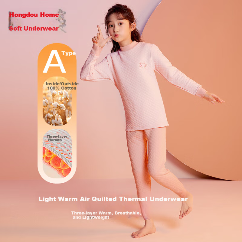 Hodohome Kids Thermal Underwear Girls' Half Turtleneck Pure Cotton Triple-Layer Quilted Thickened Air Layer Autumn Top and Bottom Set 206 Pink Size 130
