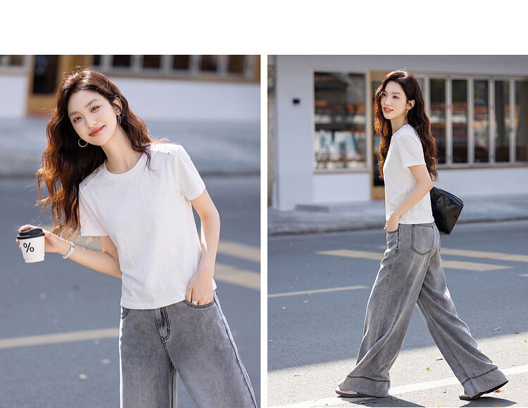 Demana [with Flax Cloud Cotton] Summer Simple Style Color-Block Shoulder Round Neck Slim Loose Fit Women's T-Shirt 11