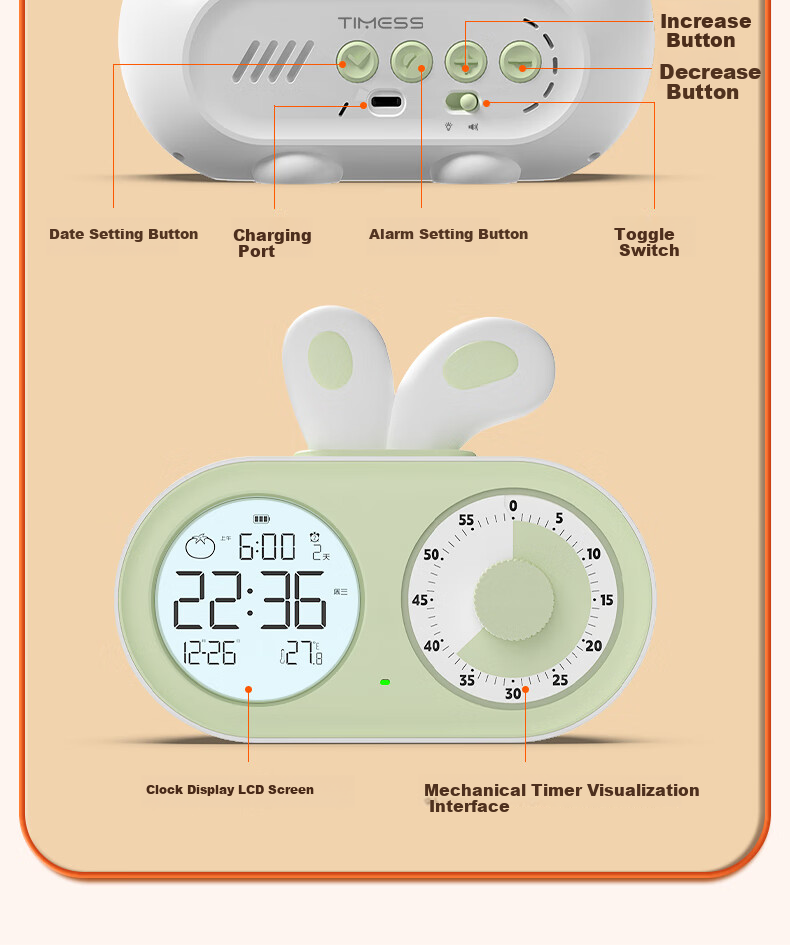 Timess Visual Timer Alarm Clock for Students and Children Smart Night Light Rechargeable Time Manager Live Streaming Timer Back to School Season 15