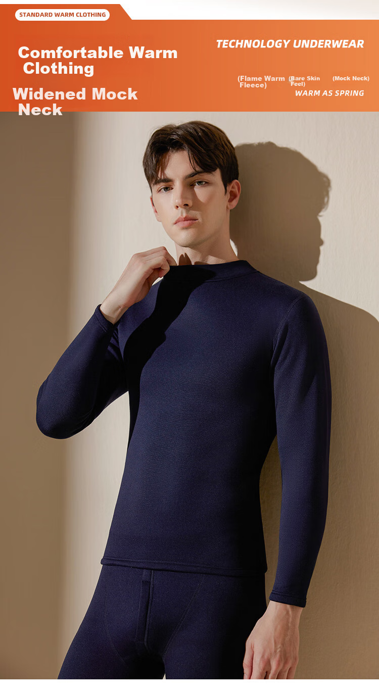 Langsha Men's Thermal Underwear Set Mid-Neck Autumn Winter Fleece Thickened Heating 10A Antibacterial Ultra-Soft Top and Bottom 13
