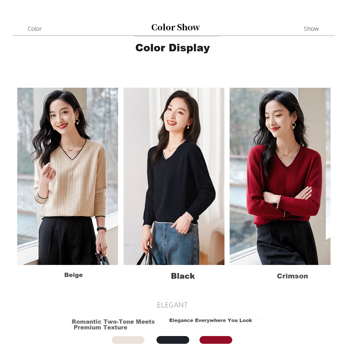 Chushen Women's Spring and Autumn Knitwear Fashionable Elegant V-Neck Color-Block Collar Long Sleeve Base Shirt S141Z3649 8