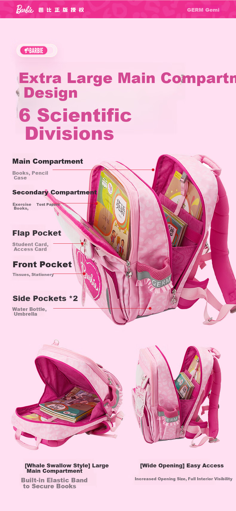 Germ Barbie Backpack for Elementary School Girls Grades 1-6 Lightweight Large Capacity Pink Ergonomic School Bag 6