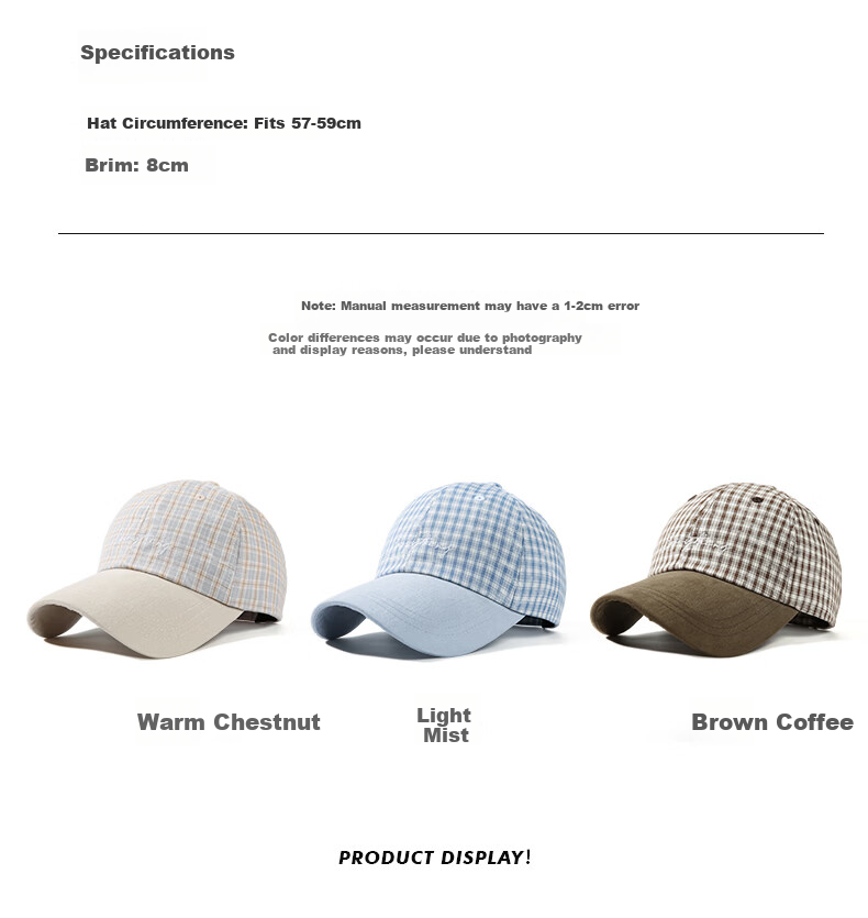 CACUSS Women's Duckbill Cap Spring Summer New Pure Cotton Soft Top Baseball Cap Small Face Plaid Sun Hat Light Blue 11
