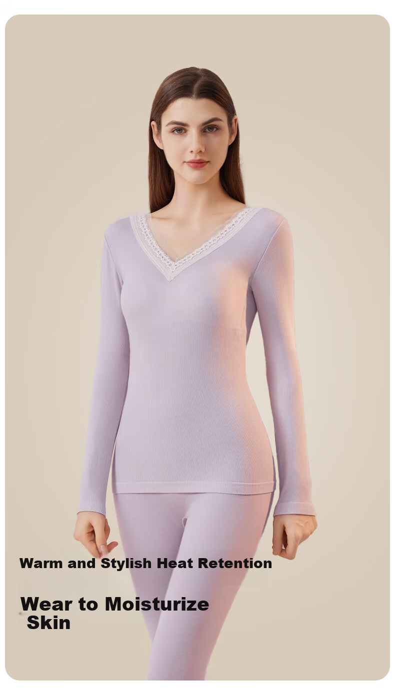 GUJIN Women's Thermal Underwear Set Wool V-Neck Slim Fit Base Layer Autumn Top and Bottom Without Bra 6