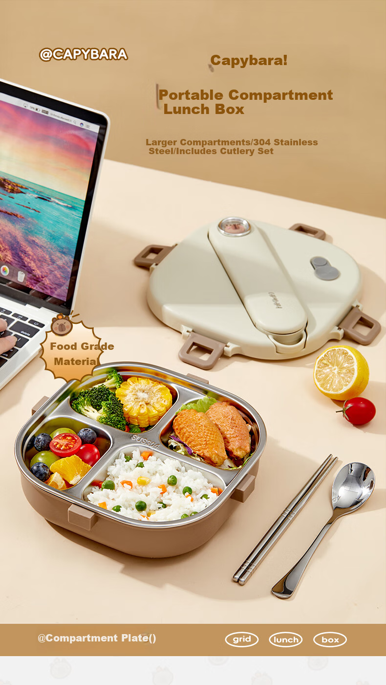 WORTHBUY Insulated Lunch Box 304 Stainless Steel Elementary School Cafeteria Divided Tray with Utensils Portable Bento Box Brown 3 1