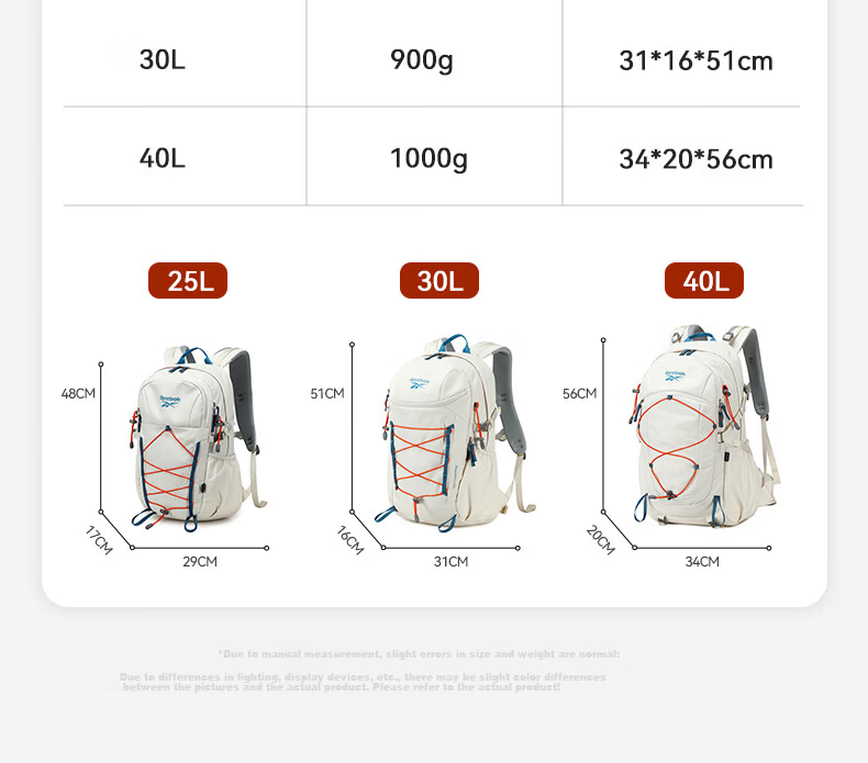 Reebok Large Capacity Hiking Backpack Women Lightweight Sports Outdoor Travel Laptop School Bag Men Caramel 40L 12
