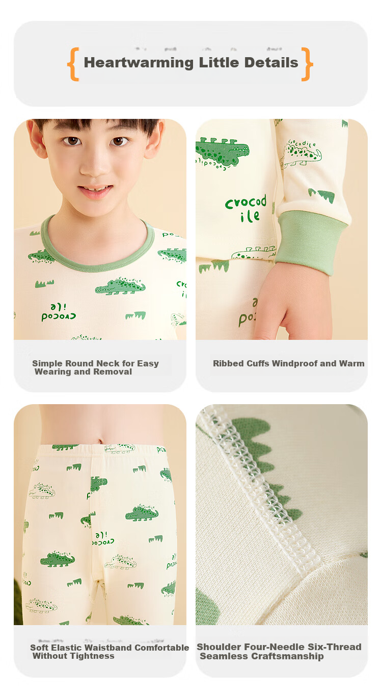 Hodohome Boys' Cotton Antibacterial Thermal Underwear Set, Long Sleeve Top and Pants, Grade 7, Printed Crew Neck, Sizes 121-150 20