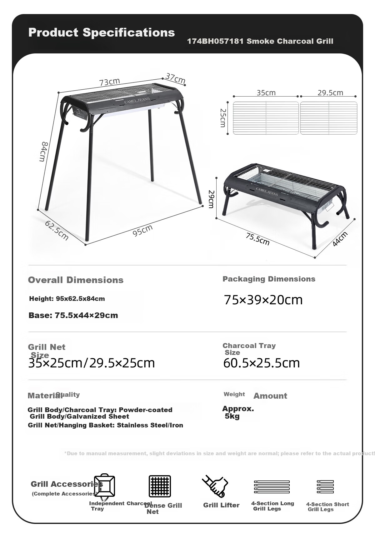 CAMELJEANS BBQ Grill Home Barbecue Rack Skewers Outdoor Camping Portable Charcoal Detachable 174BH05718 Black 29