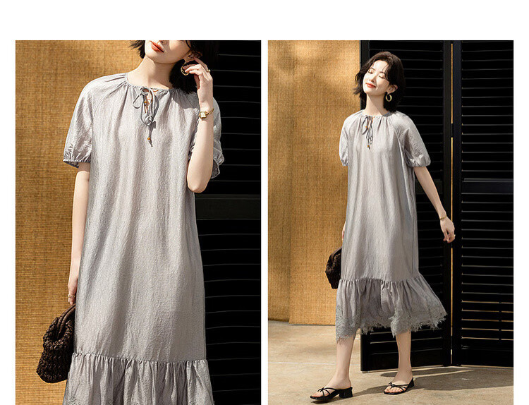 Demana Wrinkled Acetate Summer Vacation Style Tassel V-Neck Lace Splice Loose Mid-Length Women's Dress 5