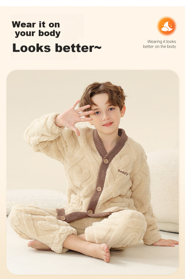 LangSha Fleece-Lined Thickened Flannel Children's Pajama Set Autumn Winter Boys Sleepwear Warm Clothes 11
