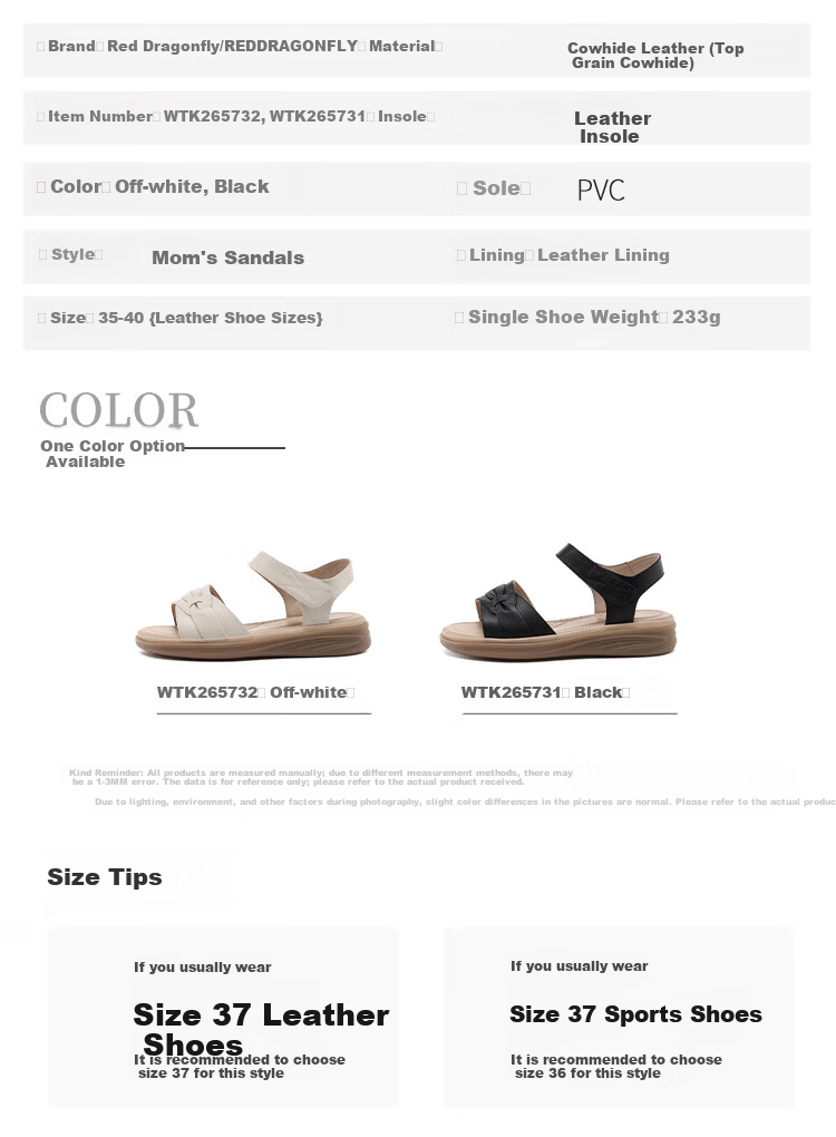 Red Dragonfly Women's Leather Breathable Soft Sole Casual Shoes Comfortable Lightweight Durable Mom Sandals WTK265731 Black Size 35 7