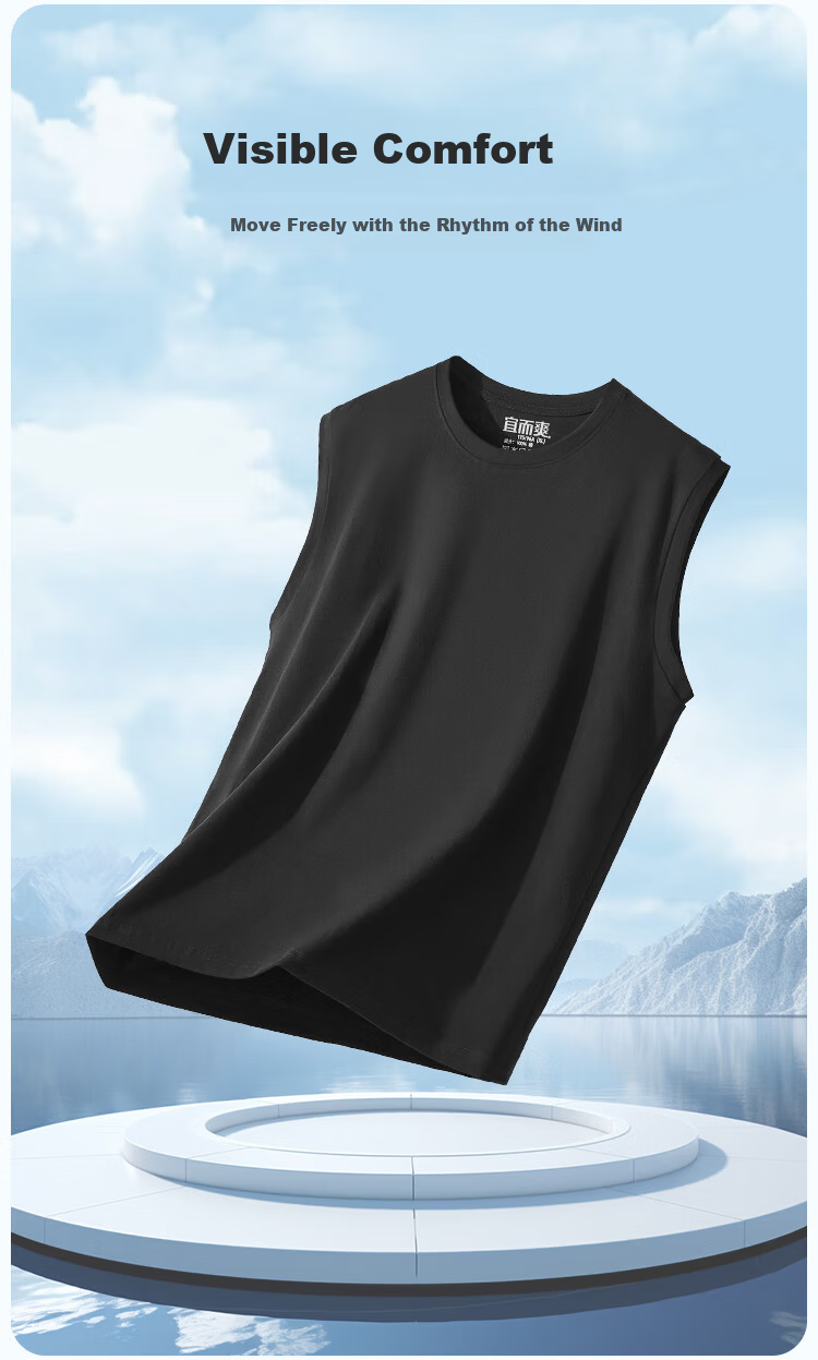 Comfortable and Cool Men's Wide Shoulder Tank Top Sleeveless T-shirt Pure Cotton Base Layer Round Neck Spring and Autumn Sweatshirt Breathable 1