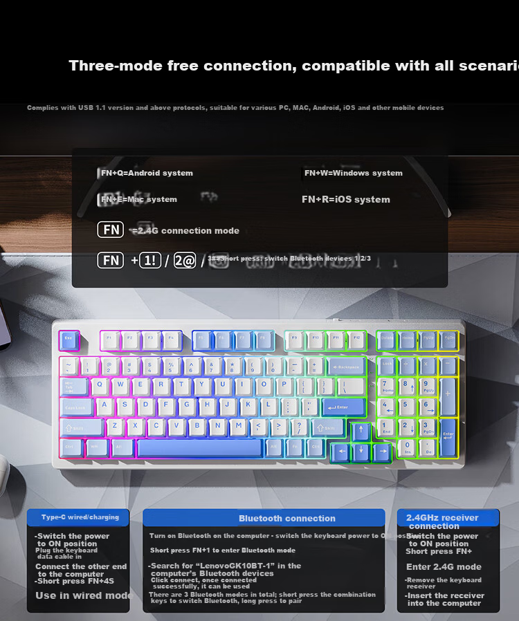 Lenovo GK10 Mechanical Keyboard with Full Hot-Swappable Keys, 20 Backlight Effects, Gaming And Office Computer Keyboard, Aurora Series Three-Mode Version 80-Key Layout, Snow Blue RGB Brown Switch 2