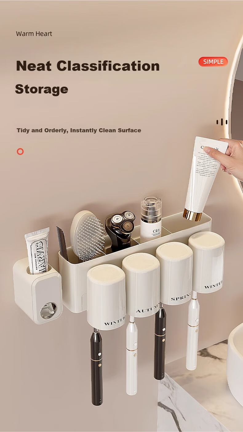 MUYA Toothbrush Holder Cream Style No-Drill Wall-Mounted Toothbrush Cup Bathroom Toothbrush Rack 1