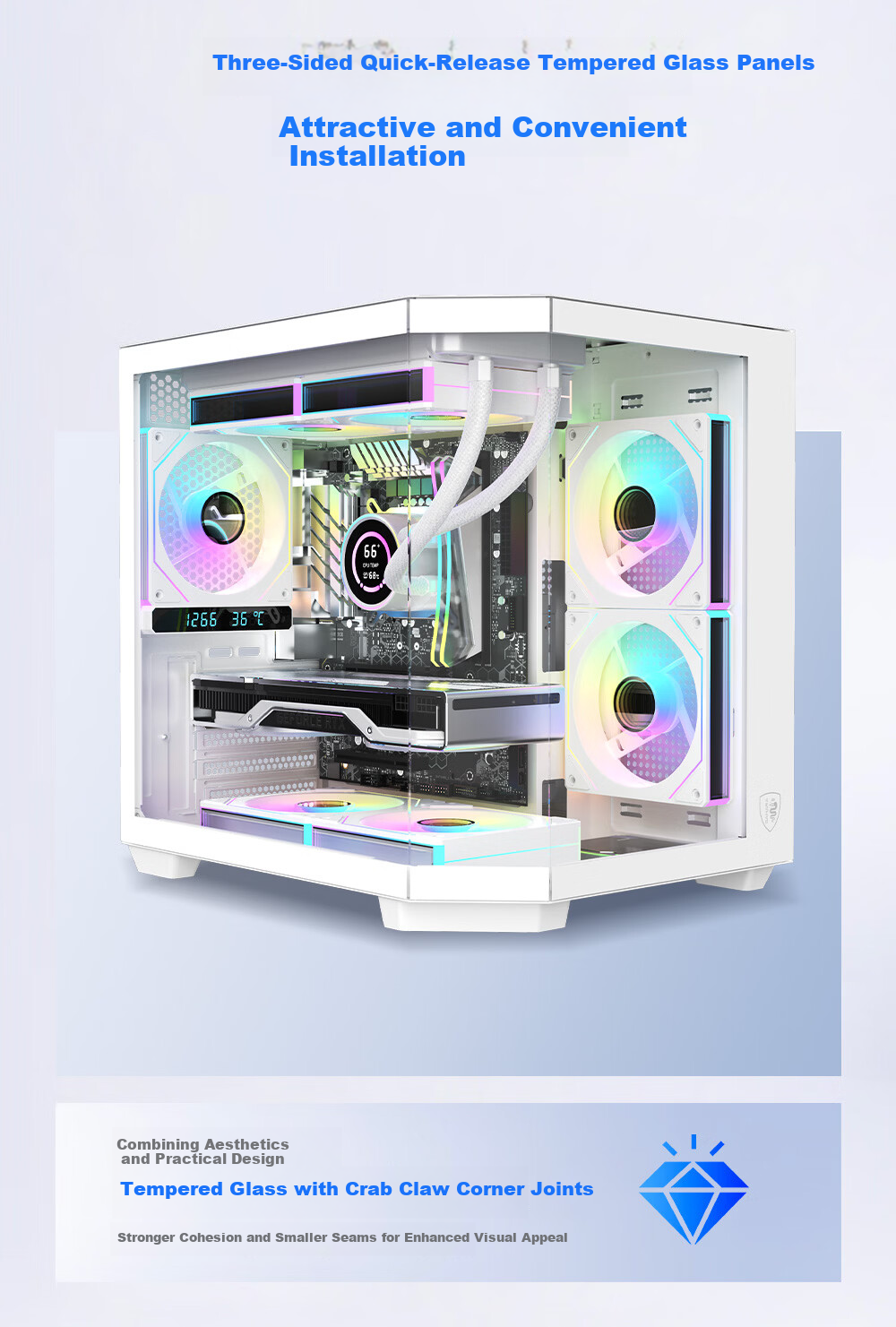 SAHARA Space Capsule 6 Seaview White Gaming Office Desktop PC Case with Side Window, Triple Glass Support, MATX, 240mm Water Cooling, 7 Fan Slots 6