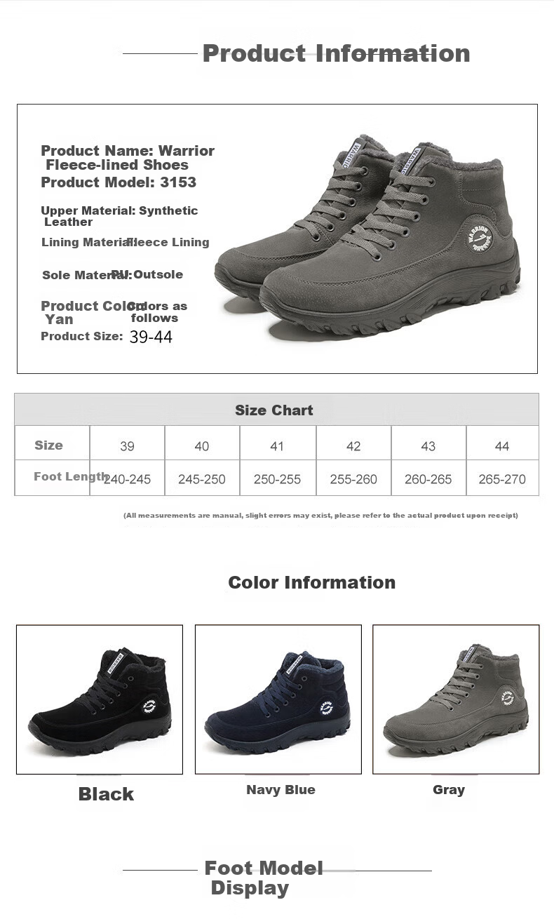 Warrior Official Men's Winter Cotton Shoes 2025 Warm Snow Boots Thickened Fleece Gray Size 44 4