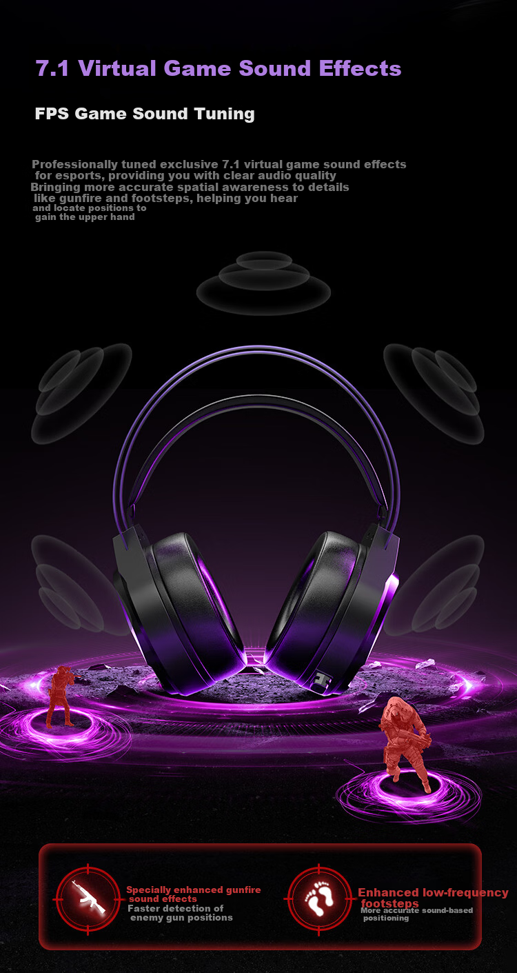 Taidu THS319 Extreme Electric 2.4G Wireless Bluetooth Wired 7.1 Virtual Surround Sound Four-Mode Over-Ear Gaming Headset Black Purple 3