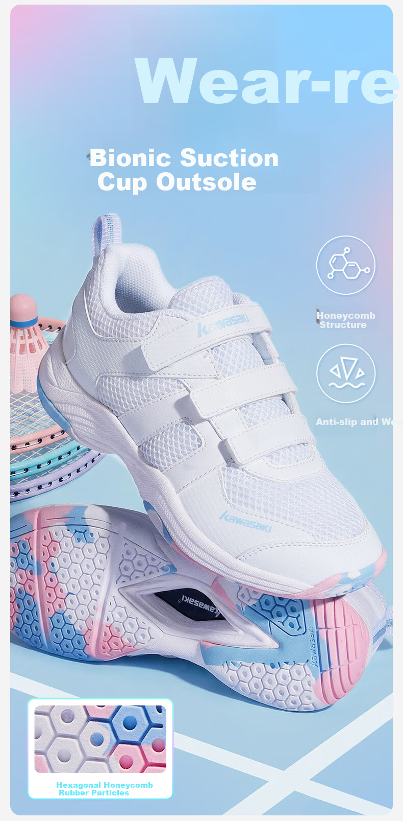 KAWASAKI Kids Badminton Shoes Puff Breathable Anti-Twist Wear-Resistant Velcro C42011 Rainbow White Size 34 6