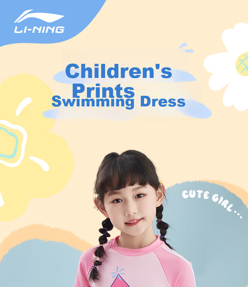 Li-Ning Children's Swimsuit, One-Piece Dress Style for Girls, Comfortable Square-Leg Design, Quick-Drying, Suitable for Swimming, Beach, And Hot Springs 1