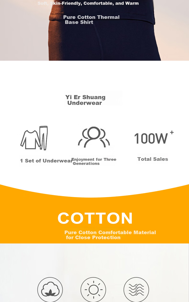 Yiershuang Premium 100% Cotton Men's Thermal Long Sleeve Anti-Static Cotton Underwear Autumn Winter 1