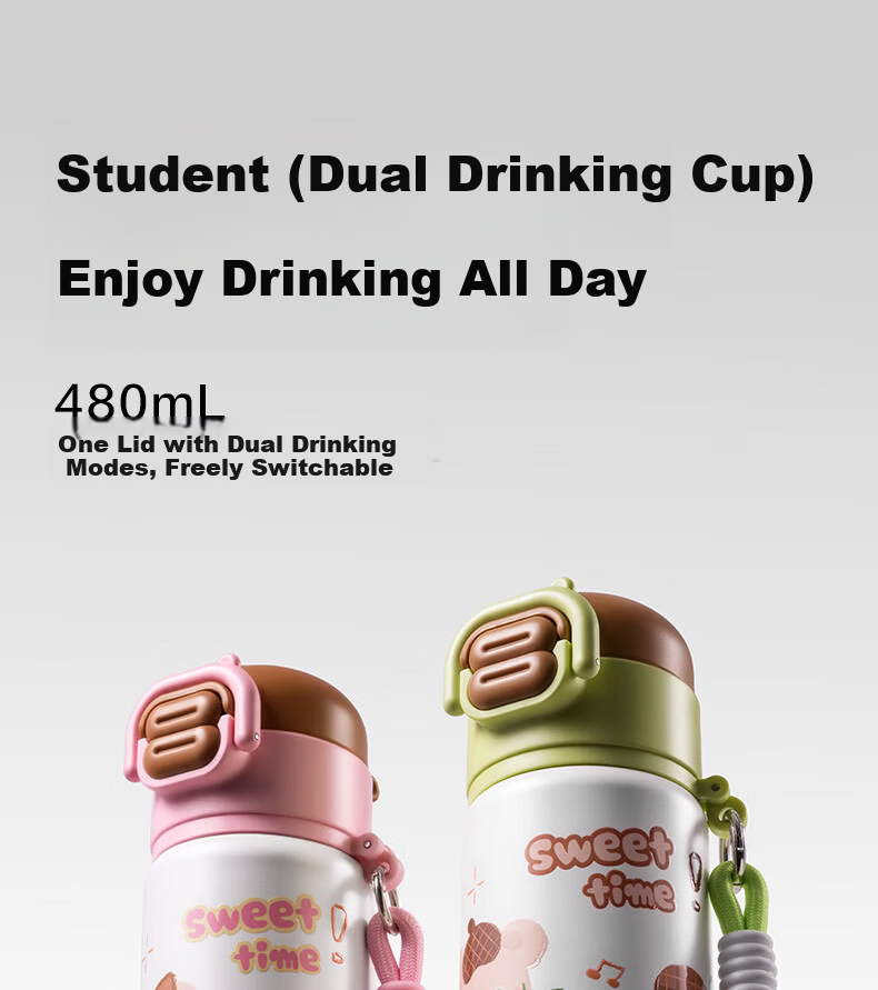 Deli Kids Student Insulated Bottle Strawberry Cake Cute Primary School Multifunctional Dual Drinking Spout Long-lasting Insulated Straw Cup 1