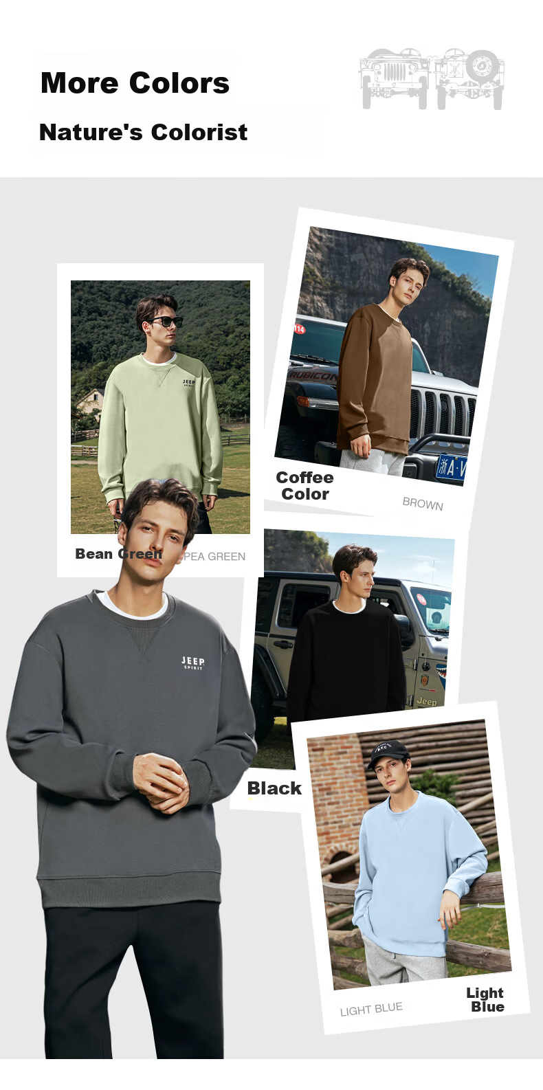 JEEP SPIRIT Men's Sweatshirt, Spring And Autumn Heavyweight Loose Round Neck Jacket, Outdoor Casual Sports Trendy Top, Men's Clothing 4