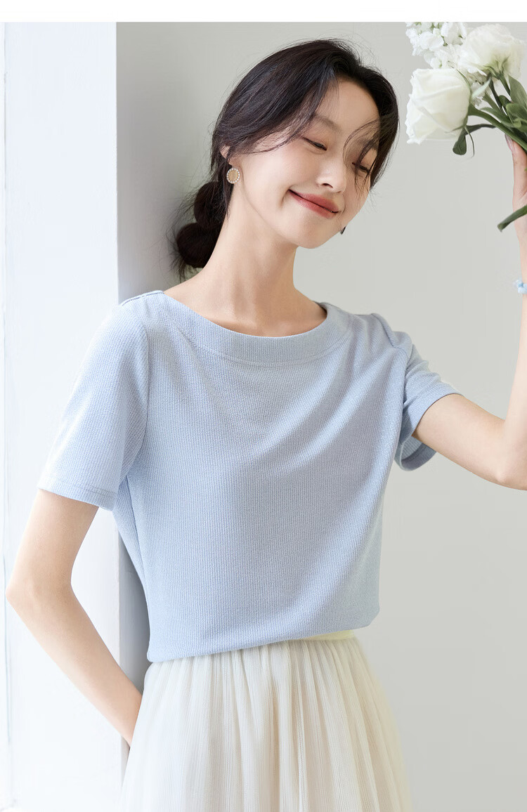 Shangdu Bila Off-Shoulder Boat Neck Double Needle Stitching T-Shirt for Women Summer Elegant Commuter Stretch Ribbed Knit Top 9