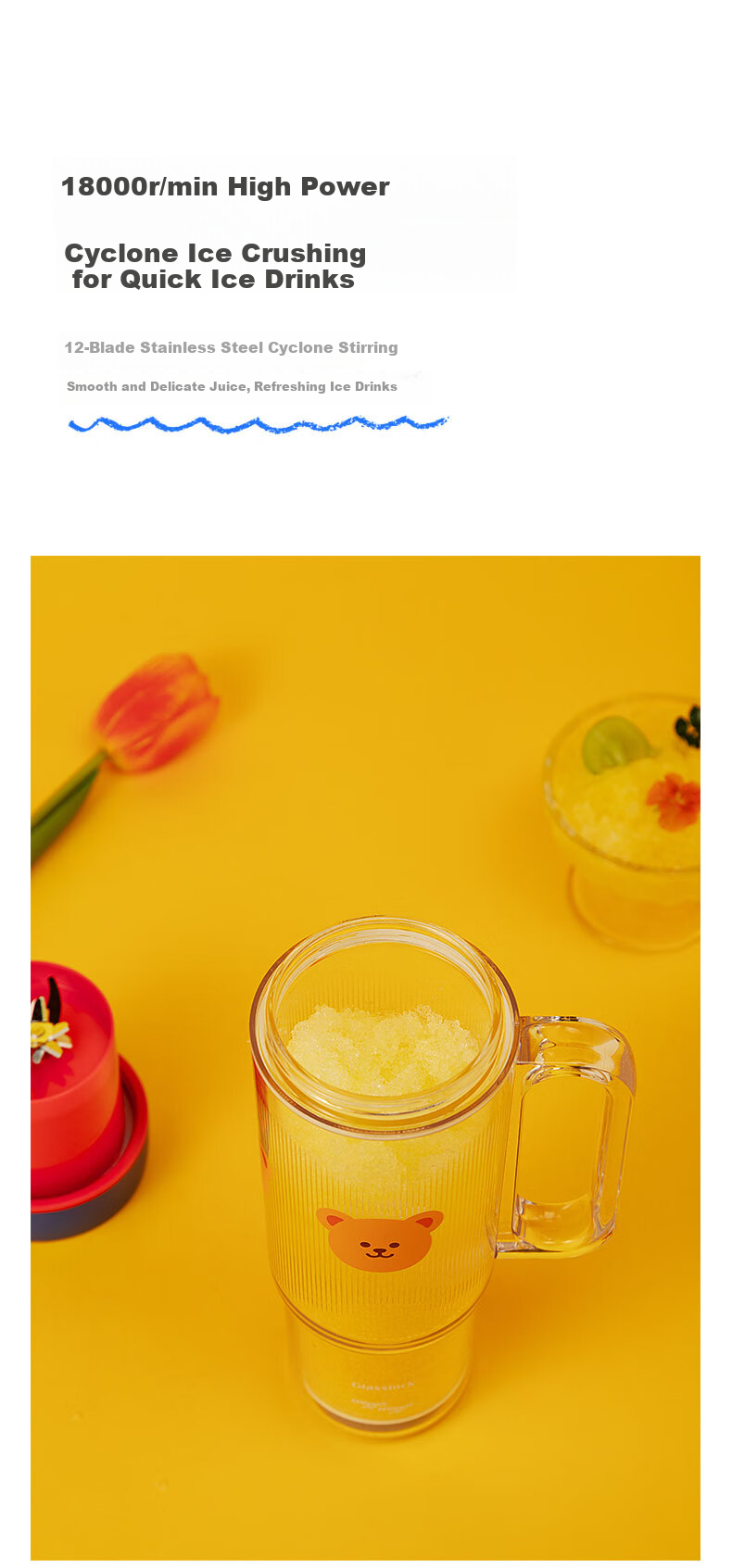 GLASSLOCK GAILANG & WiggleWiggle Collaboration Juicer Cup Ice Tumbler Car Portable Juicer Glass Juice Cup 12-Blade 304 Stainless Steel Ice Crusher 4
