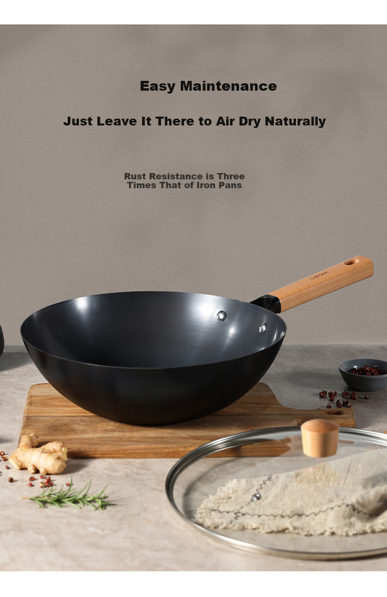 Carote Iron Wok, Home Cooking Pan, Non-Coated Non-Stick Pan, Suitable for Induction And Gas Stoves, Traditional Style, 32cm with Lid 12