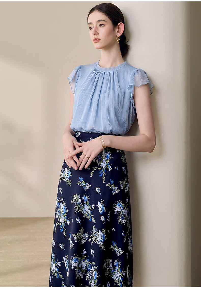 ROEYSHOUSE Elegant Workplace Flutter Sleeve Chiffon Blouse Summer French Pleated Top 13595 Light Blue S 9