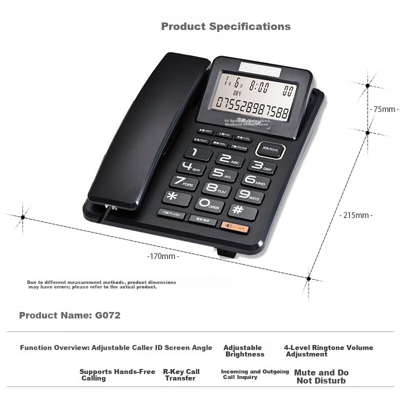 CHINO-E Desktop Landline Telephone with Caller ID Independent Volume Hands-Free Disturbance-Free Wired Corded Telephone with Headset Jack G072 Black for Office Home Elderly