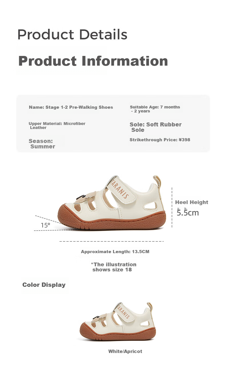 Tilanis Summer Infant Toddler Pre-Walking Breathable Learning Shoes Functional Shoes Boys Girls Non-Slip Sandals White/Apricot Size 23 4
