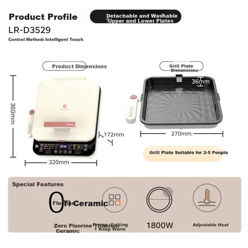 Liven 0-Fluoride Titanium Ceramic Super Durable Electric Griddle Removable Upper and Lower Plates 36mm Deep Household 1800W Double-Sided Heating Pancake Maker Breakfast Pan
