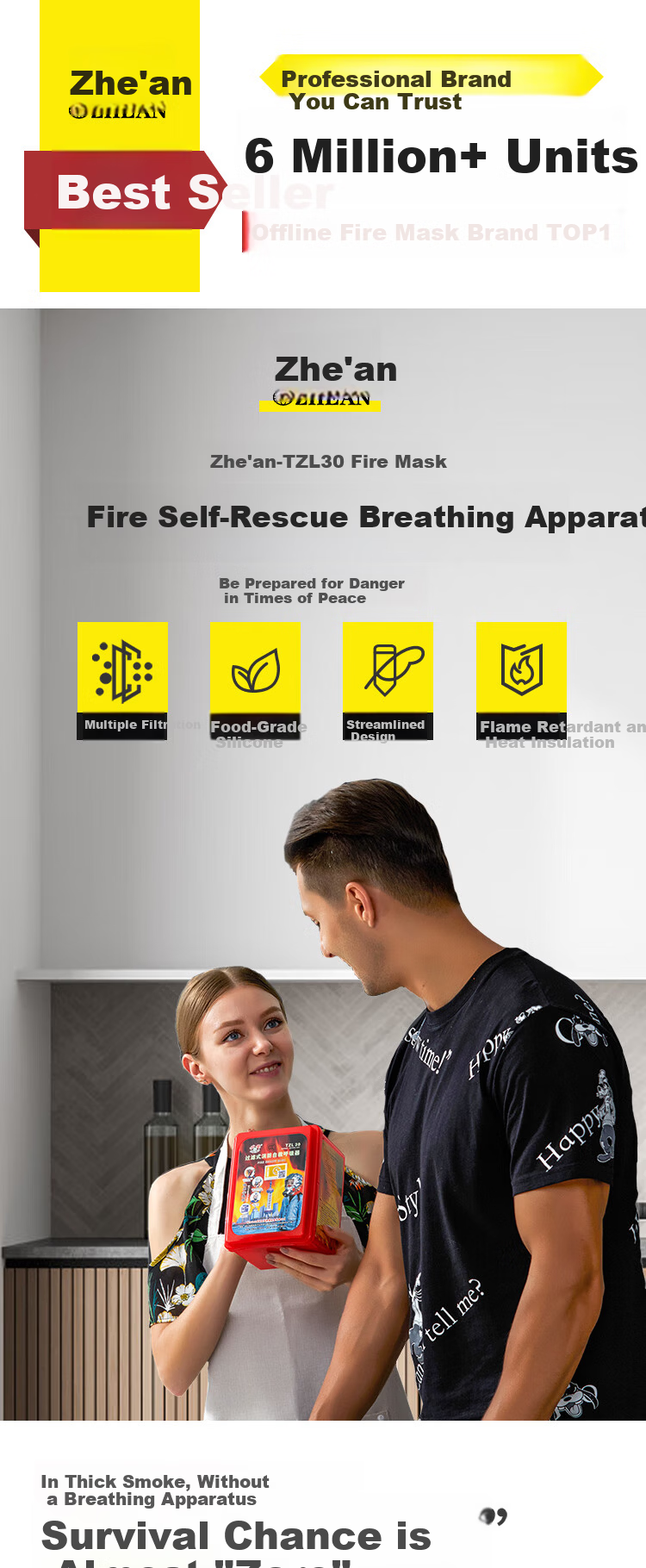 Zhean Fire Mask Smoke Protection Gas Filter Fire Self-Rescue Respirator Escape 3C TZL30A High-Performance Model 1