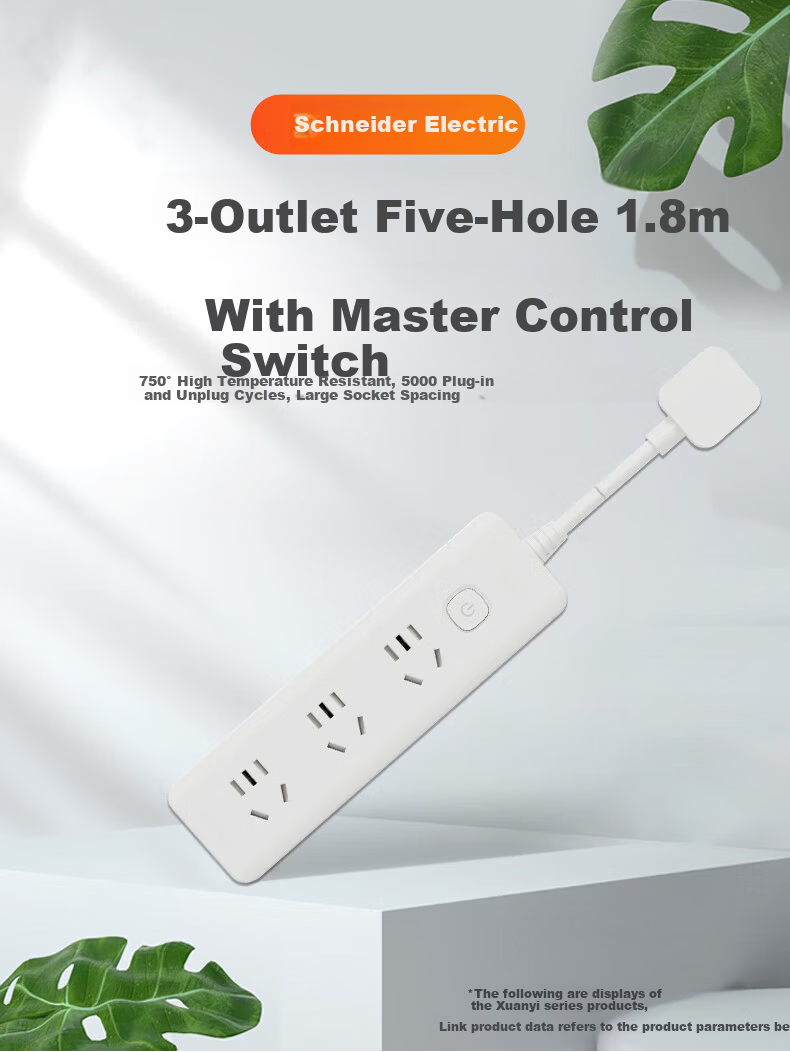 Schneider New National Standard Safety Power Strip, Socket/power Strip/outlet Strip, 6 Outlets with Master Switch, Total Length 1.8 Meters, A+C 20W 2