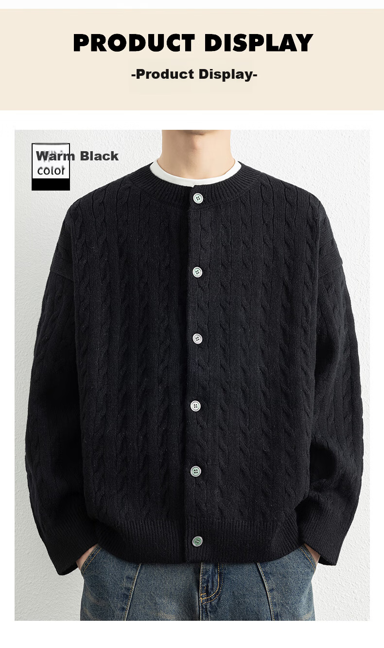 ROMON Men's Knitted Cardigan Spring Autumn Casual Loose Drop Shoulder Sweater Round Neck Jacket Black M 7001 6