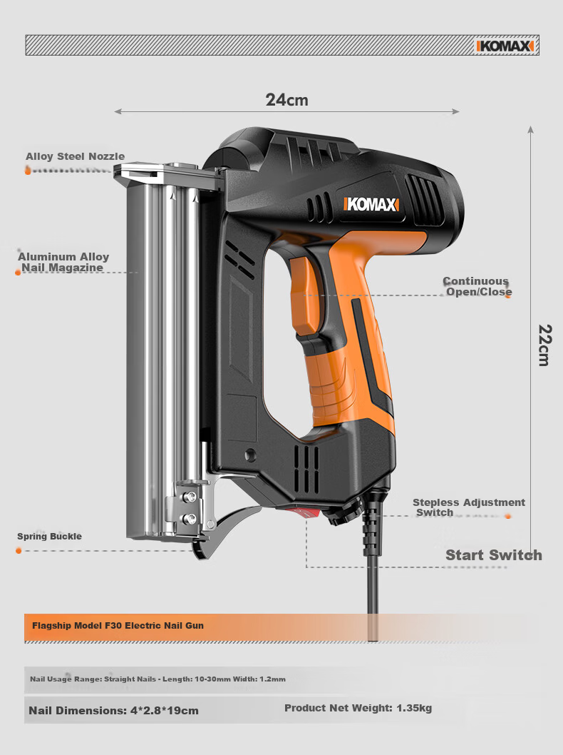 KEMAISI Electric Nail Gun F30 Straight Nail Gun Staple Gun Carpentry Tool Pneumatic Nail Gun Steel Nail Gun Nailer 19