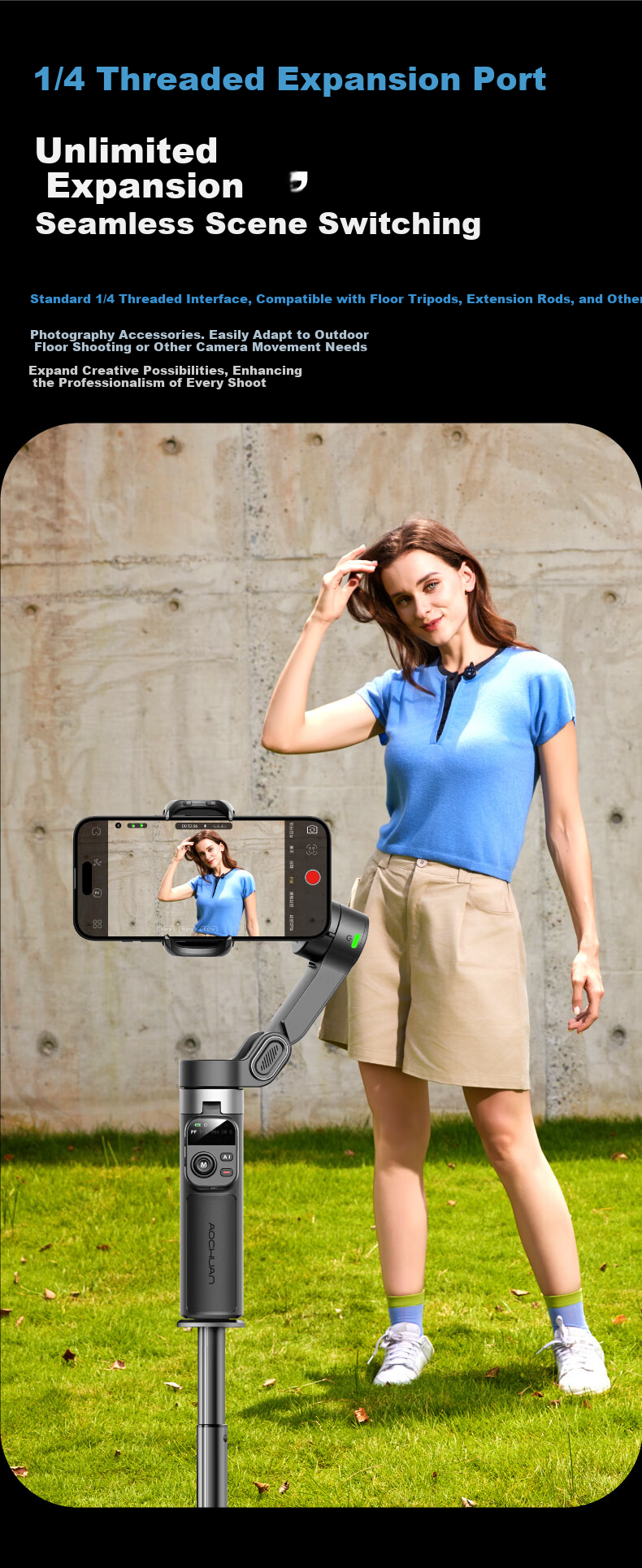 Aokawa X3 Smartphone Stabilizer AI Tracking Gimbal Selfie Stick 360° Rotation Anti-Shake Automatic AI Follow Extension Rod Face Live Dance Travel Vlog One-Key Quick Open 7