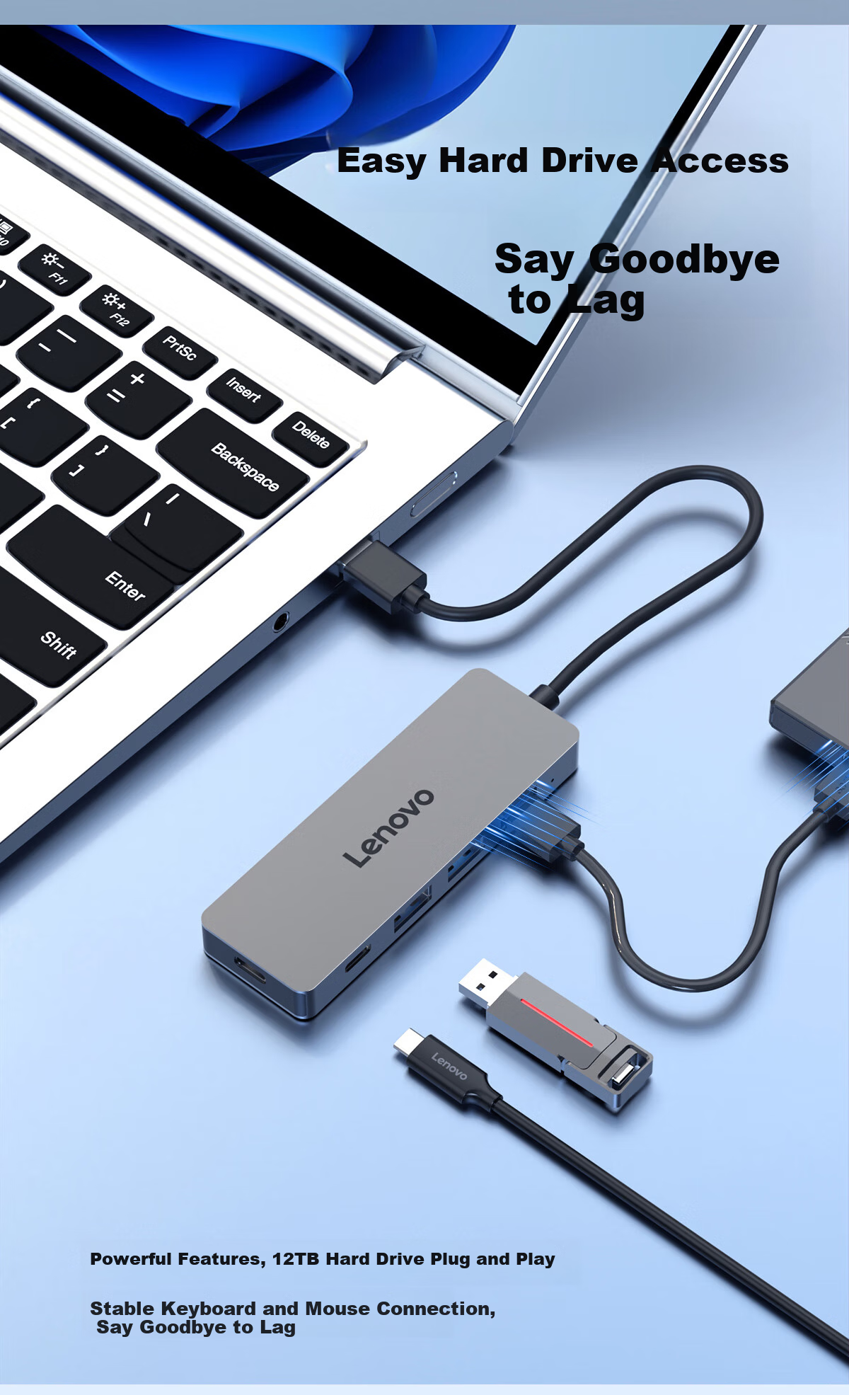 Lenovo USB 3.0 Metal 4-in-1 High-Speed Hub Docking Station Multi-Port Adapter Extension Cable for Laptop 8