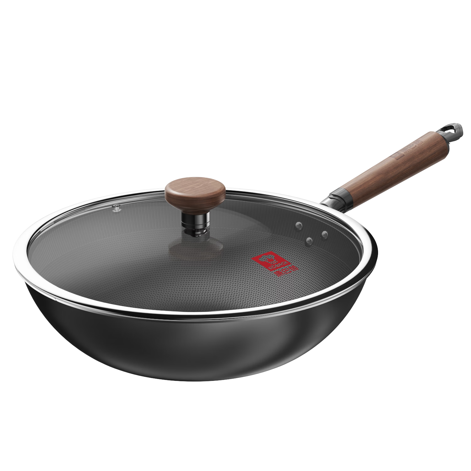 KOBACH 32cm Non-Coated Iron Wok Bionic Non-Stick with Stainless Steel Steamer Dishwasher Safe