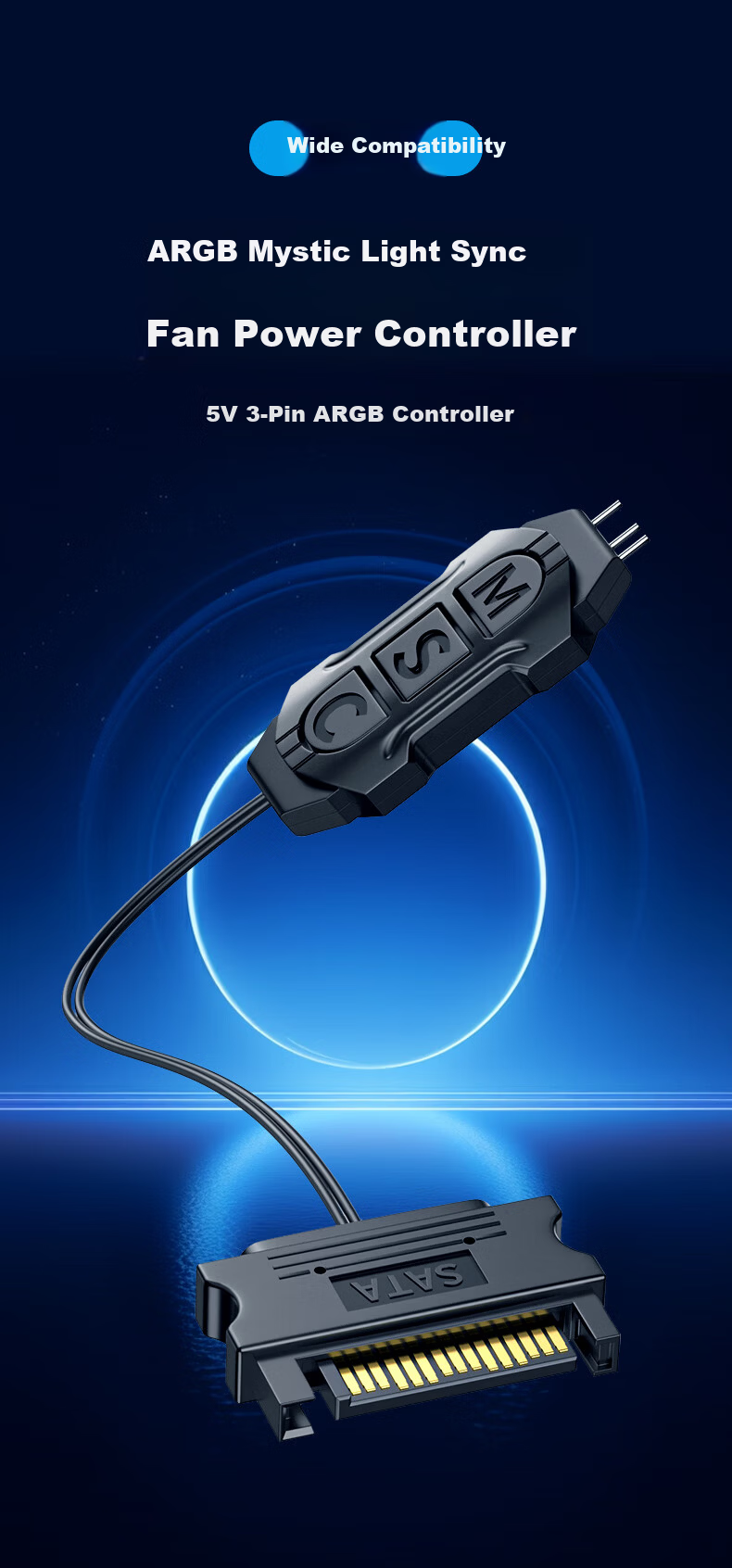 LinkStone Case Fan 5V 3-Pin ARGB Power Adapter, Desktop Computer RGB Adjustable Light Controller, Synchronized SATA Power Hub, Light Effect Adapter Cable, Remote Control 1