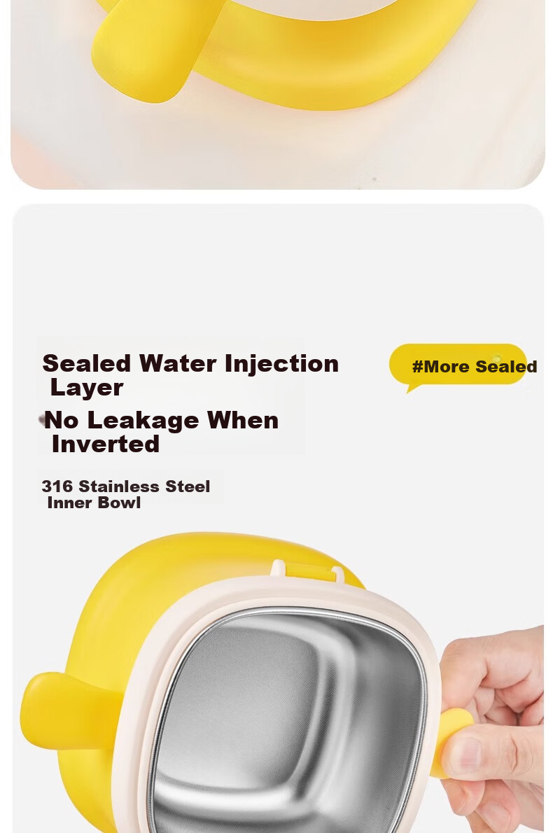 NEVS Square Baby Water-Filled Insulated Bowl Children's Tableware Suction Feeding Bowl Drop-Resistant Constant Temperature Bowl - Joseph Yellow Lunch Box 7